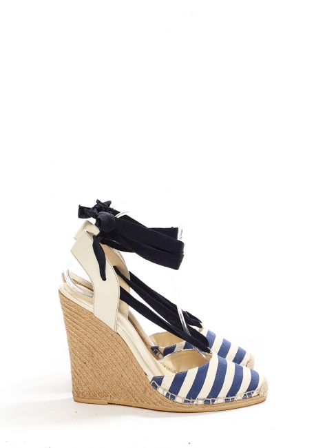 Ivory white and navy blue striped canvas espadrilles wedge sandals Retail price €450 Size 39