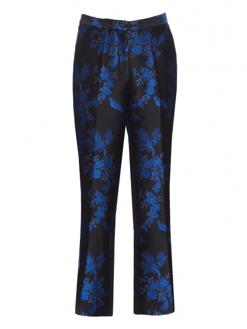 Pantalon EATON en brocard fleuri noir et bleu roi Prix boutique 774$ Taille 36
