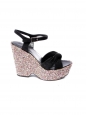 SAINT LAURENT CANDY Glitter and black suede leather platform wedge sandals Size 38