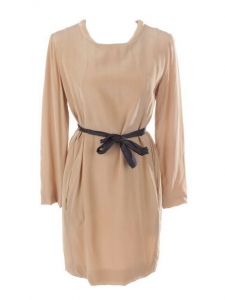 Long sleeves tan camel brown silk dress Retail price €950 Size 38