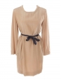 Long sleeves tan camel brown silk dress with black belt Retail price €950 Size 38