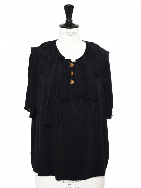 Black short sleeves silk blouse with enameled gold buttons Retail price €800 Size 38