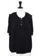 Black short sleeves silk blouse with enameled gold buttons Retail price €800 Size 38