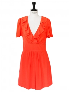 CHLOE Vermilion red silk crepe short sleeves ruffled décolleté dress Retail price €1200 Size 36