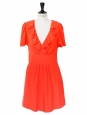 Vermilion red silk crepe short sleeves ruffled décolleté dress Retail price €1200 Size 36
