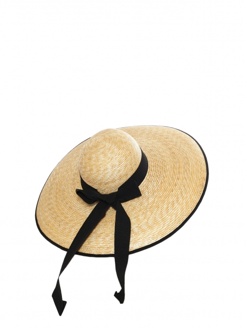 Black grosgrain ribbon and naturel beige straw capeline large sun hat