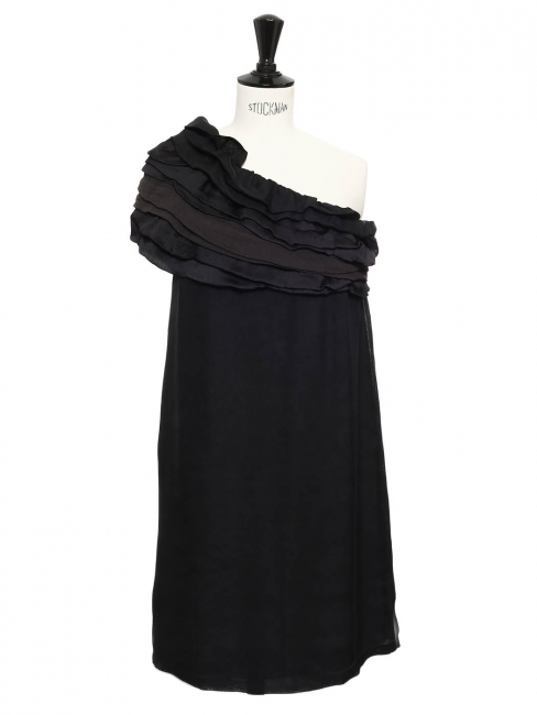 Black silk ruffled one shoulder cocktail dress Retail price €1500 Size 36