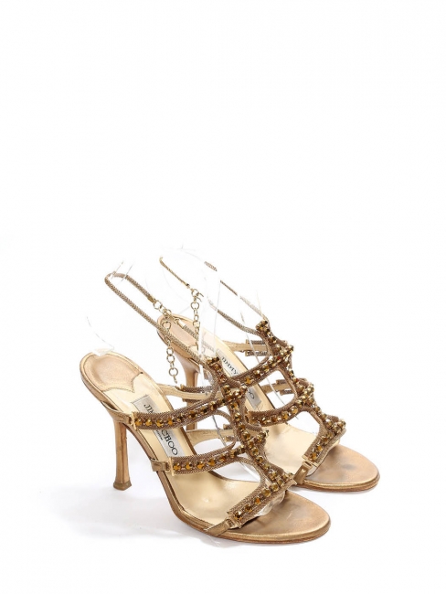 Gold metallic leather jewel embellished heel sandals with ankle strap Retail price €850 Size 37 