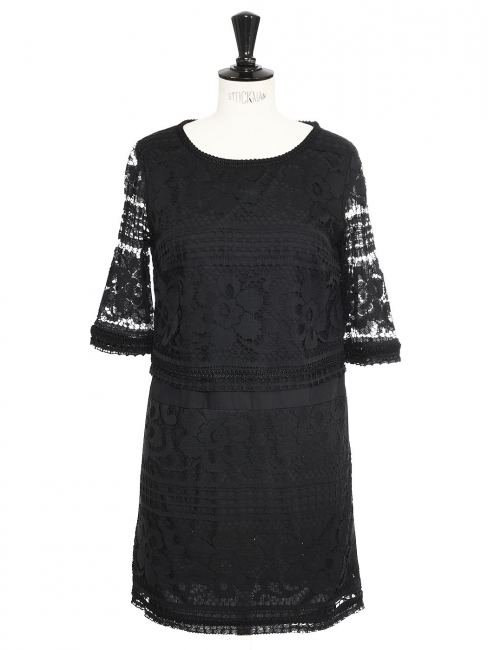 Short sleeves black lace mini dress Retail price $445 Size 36