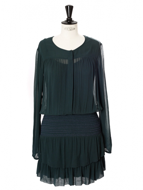 Forest green chiffon long sleeved smocked dress Retail price €260 Size 34 to 36