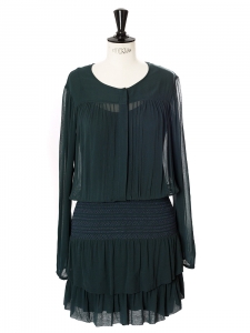 Forest green chiffon long sleeved smocked dress Retail price €260 Size 34