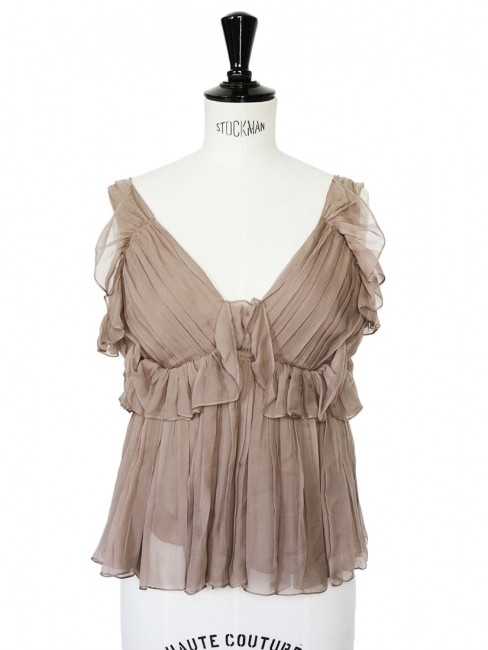 Nut brown ruffled and pleated silk chiffon top Retail price €1400 Size 34