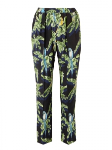 Blue, yellow and green tropical bird print fluid black silk pants Retail price $880 Size 38