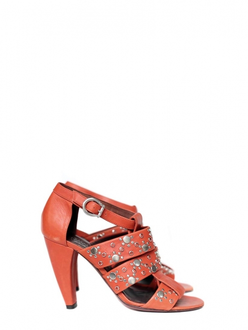 Multi-strap red leather and silver studs heeled sandals Retail price €600 Size 37