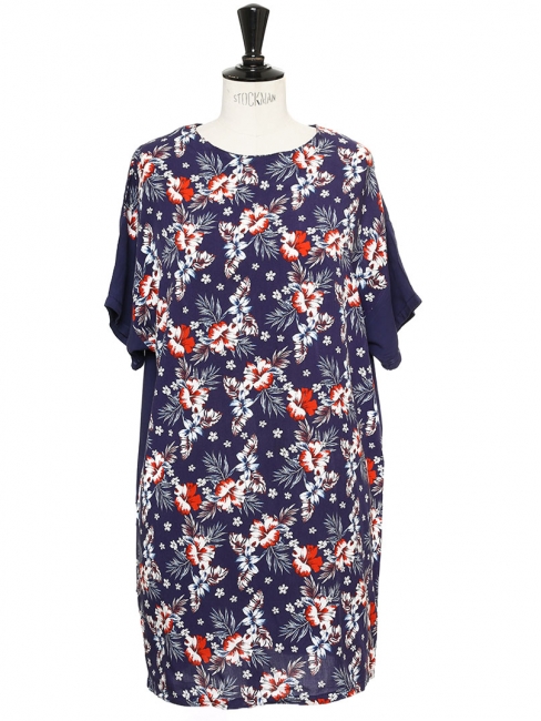 Hawaiian navy blue short sleeves dress printed with red and white Hibiscus flowers Size 36
