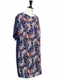 Navy blue short sleeves dress printed with red and white Hibiscus flowers Size 36
