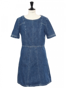 Denim blue cotton and linen short sleeves dress Retail price €750 Size 36