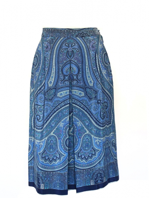 Blue scarf printed silk high waisted A-line skirt Size XS