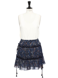 Floral print navy blue silk ruffled bohemian skirt Retail price €360 Size 36
