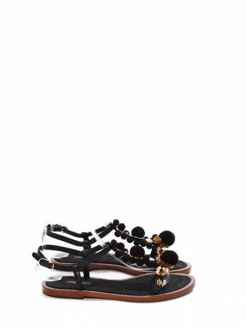 Black leather, gold jewel flowers and pompom flat sandals NEW Retail price €660 Size 40