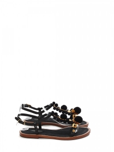 Sandales plates bijoux en cuir noir, pompons et fleurs dorées NEUVES Prix boutique 660€ Taille 37