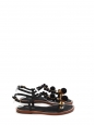 Sandales plates bijoux en cuir noir, pompons et fleurs dorées NEUVES Prix boutique 660€ Taille 40