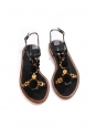 Sandales plates bijoux en cuir noir, pompons et fleurs dorées NEUVES Prix boutique 660€ Taille 37