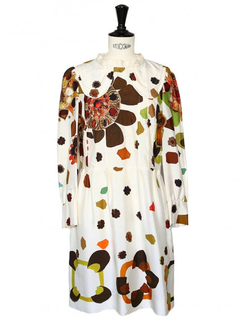 Seventies floral printed ecru silk dress with Peter Pan collar Retail price 1500€ Size 36