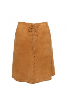 High waist tan brown suede leather braided skirt Retail price €400 Size 38