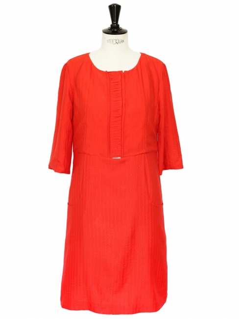 Bright red silk short sleeves Couture dress Retail price €1500 Size 40