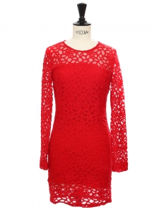 Boutique ROSEANNA Kawai Harlem long sleeves red lace overlay dress-size-36