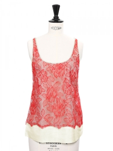 Bree bright red floral lace and light yellow silk top Retail price $1040 Size XS