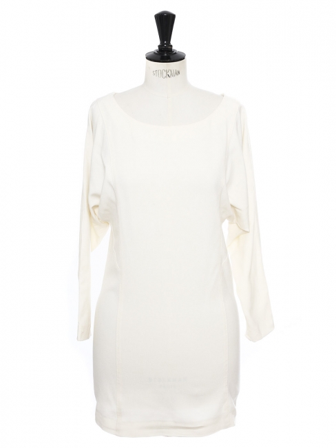 Long sleeves round neckline cream white cotton dress Size 36