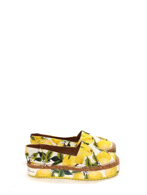 Lemon yellow, green and white citrus print brocade platform espadrilles Retail price €639 Size 40