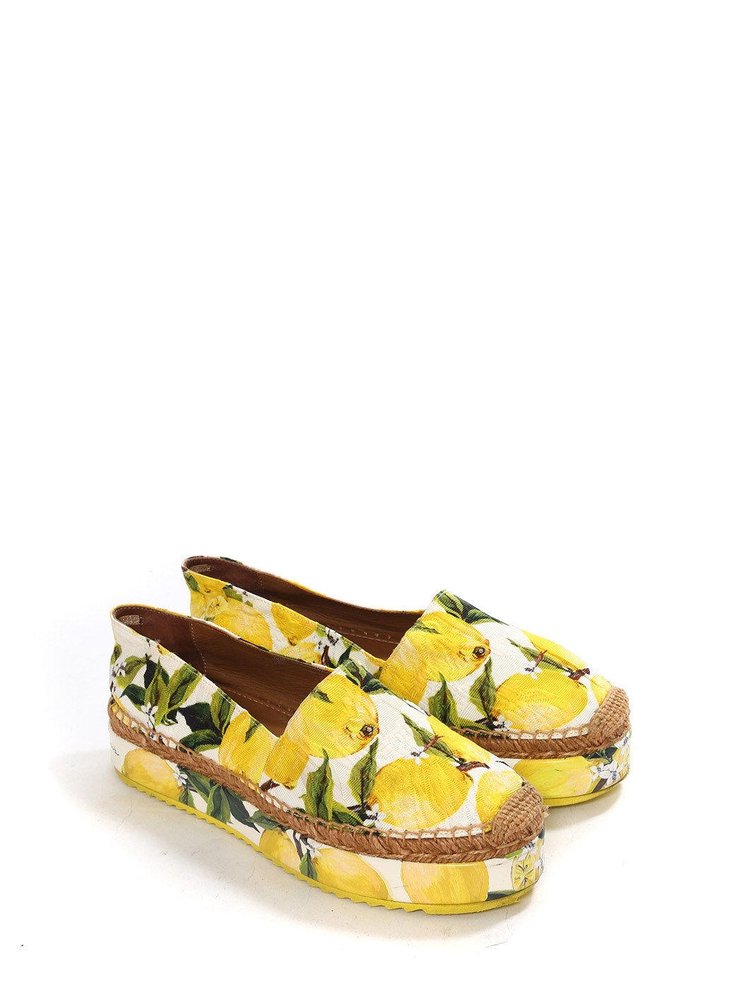 Boutique DOLCE & GABBANA Lemon yellow, green and white citrus print brocade  platform espadrilles Size 40