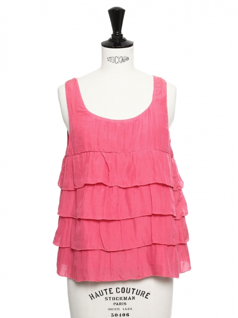 Raspberry pink silk and cotton ruffle sleeveless top Retail price €125 Size 36