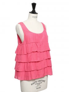 Fushia pink silk and cotton ruffle sleeveless top Retail price €125 Size 36