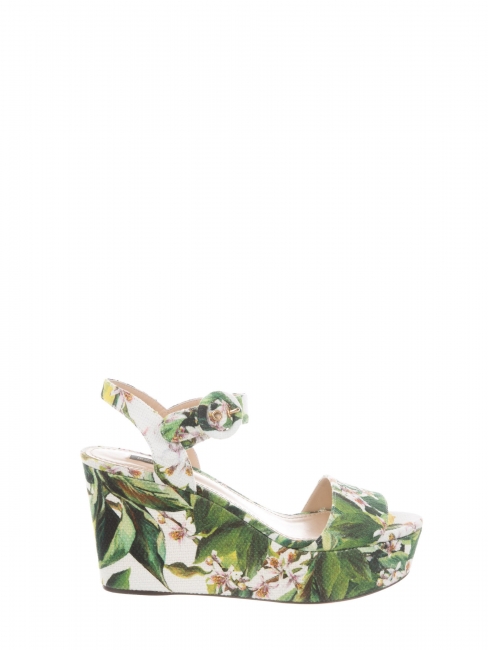 Green, white and yellow lemon tree flower print canvas BIANCA wedge sandals Retail price €575 Size 37