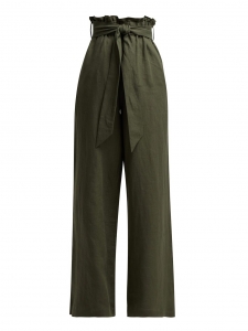 Pantalon large taille haute ceinturée en lin vert olive Prix boutique 365€ Taille 40
