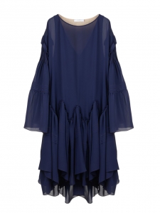 CHLOE Robe manches longues à godets en georgette de soie bleu ocean Prix boutique 3000€