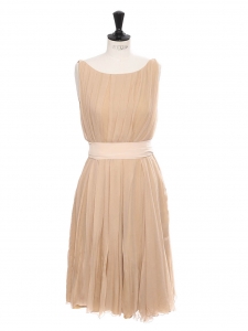 Beige pink silk chiffon midi dress with ribbon belt Retail price €2500 Size 36