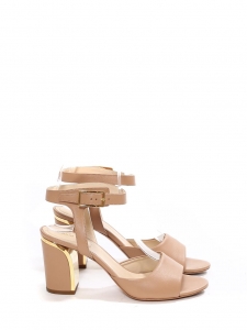 Beige pink leather heel sandals with gold metal trimming Retail price €625 Size 37