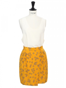 Floral print honey yellow silk high waist skirt Size XS