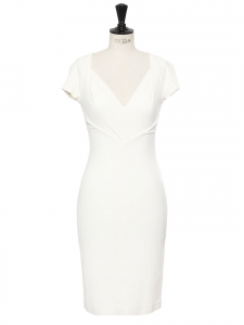 Cinched sweetheart neckline midi dress in white stretch crepe Retail price €470 Size 34/36