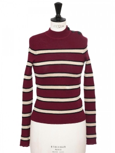 DEVONA burgundy red, cream and black striped round neck knitted sweater Retail price €220 Size 36