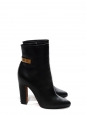High heel pointy toe black leather ankle boots with gold detail Retail price $1295 Size 38.5