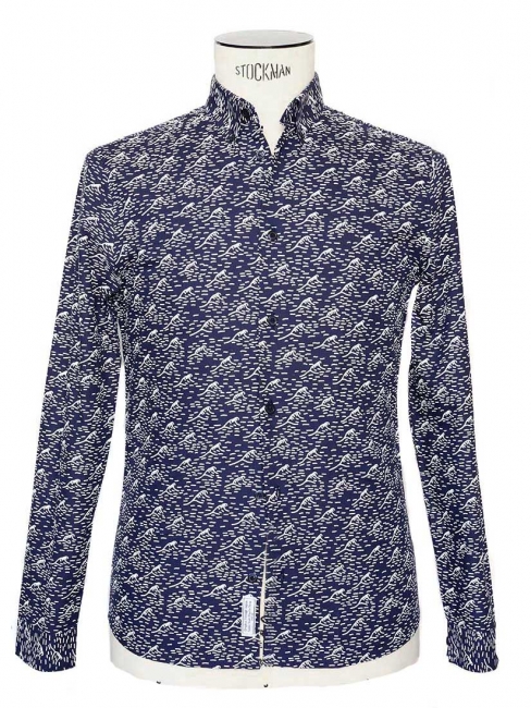 WAVE Navy blue with white waves printed cotton shirt NEW Retail price €89 Size S 