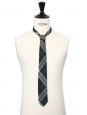 Navy blue, green and light yellow plaid print tie
