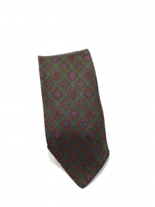 Dark khaki green, blue and red print silk tie