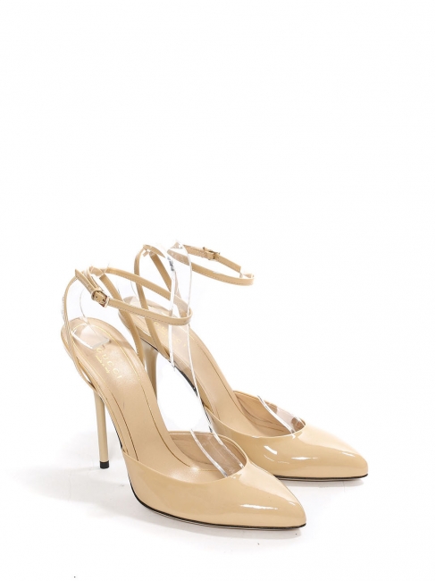 Sandales escarpins bout pointu à talon et bride cheville en cuir verni beige NEUVES Px boutique 690€ Taille 37.5